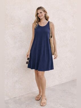 Quince Tencel Swing Dress Navy Sleeveless Summer Travel Beach L